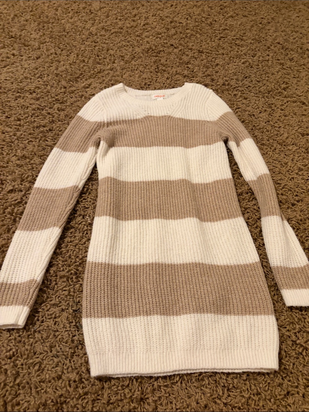 Cat & Jack Cream and Tan Striped Knit Crewneck Sweater